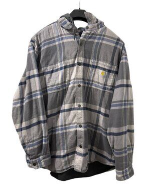 Carhartt Jacket Men 2XL Grey Rugged Flex Flannel Fleece Lined Hooded Plaid Shirt